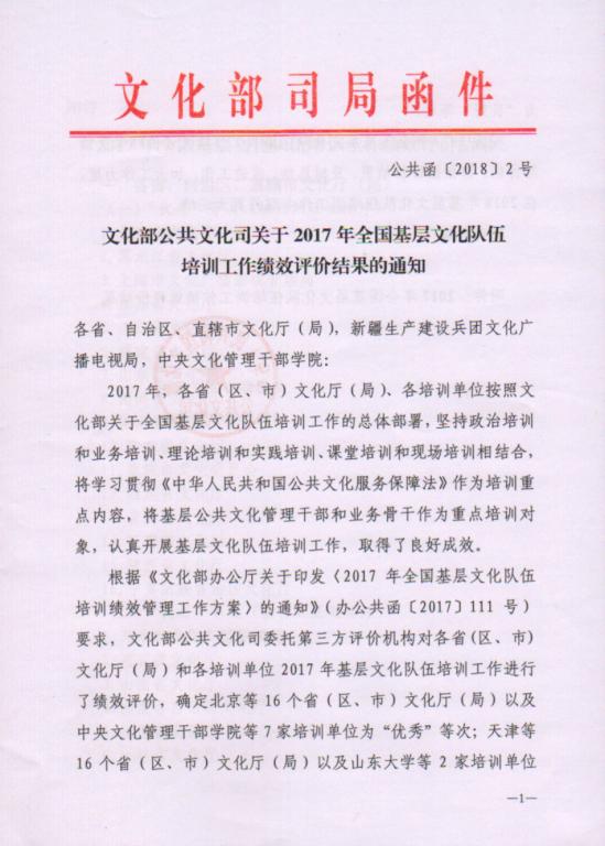 学院荣获2017年全国基层文化队伍培训工作优秀单位称号